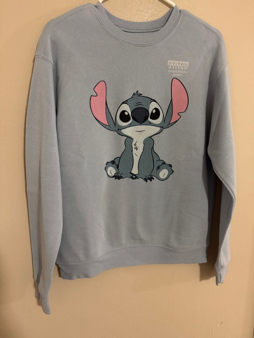 Disney Light Blue Stitch Crewneck Sweater with Pink Ear Accents